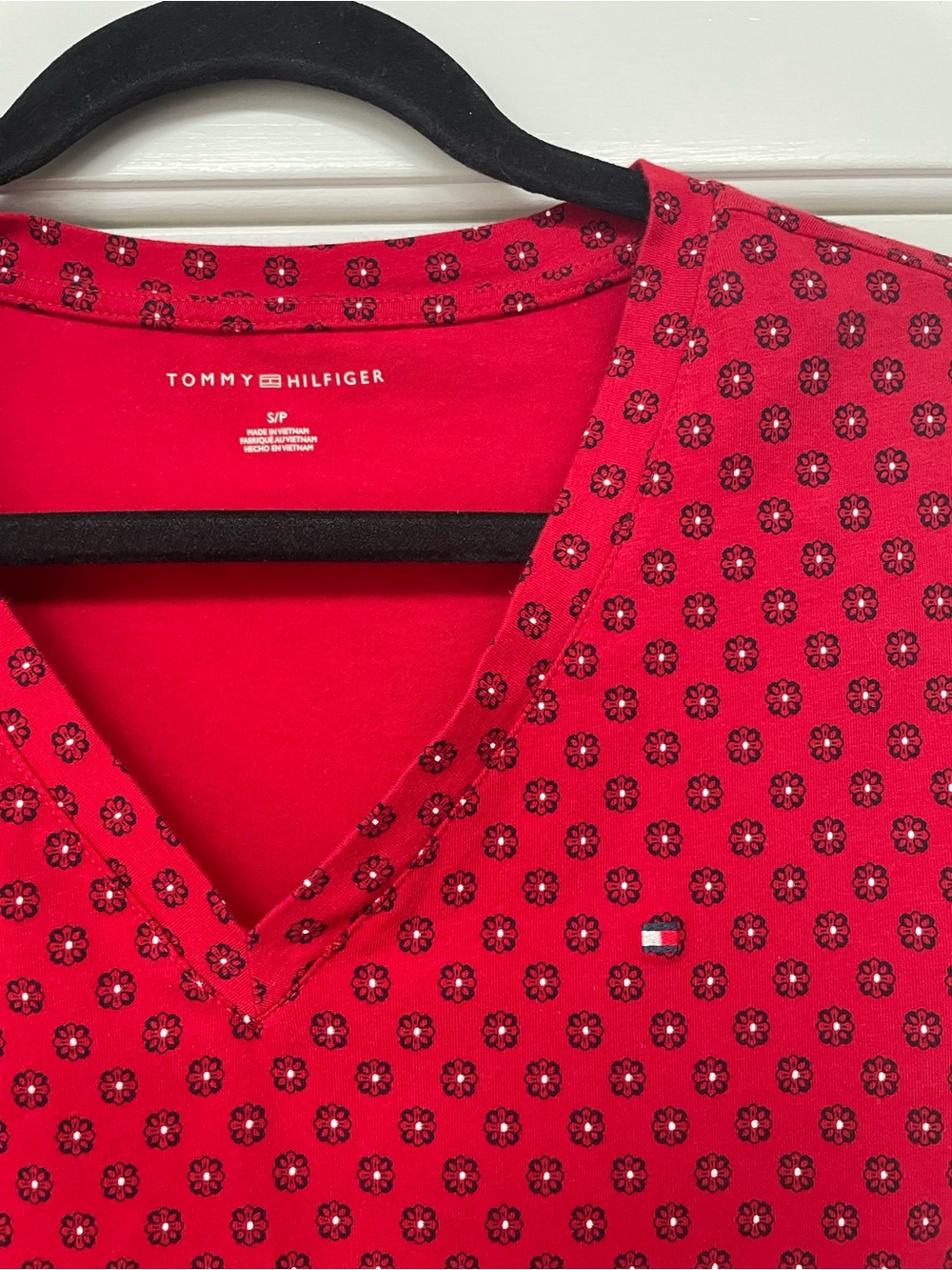 Tommy Hilfiger Red V-Neck Short Sleeve Tee with Micro Floral Motif